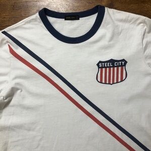 Steel City Men’s M White Striped Graphic T-shirt 100% Cotton